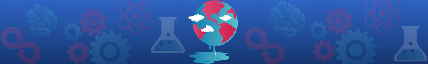 Image depicts planet melting,overheating, with engineering scientific symbols surrounding it,to reflect climate change solutions